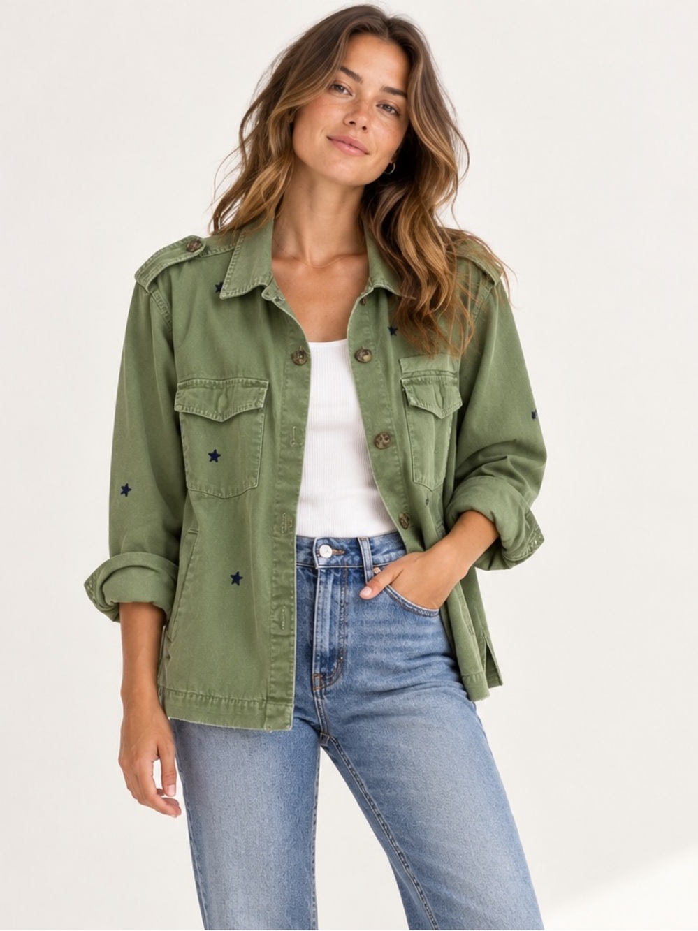 Sundry Military Green Star & Heart Utility Jacket Size 2 Medium